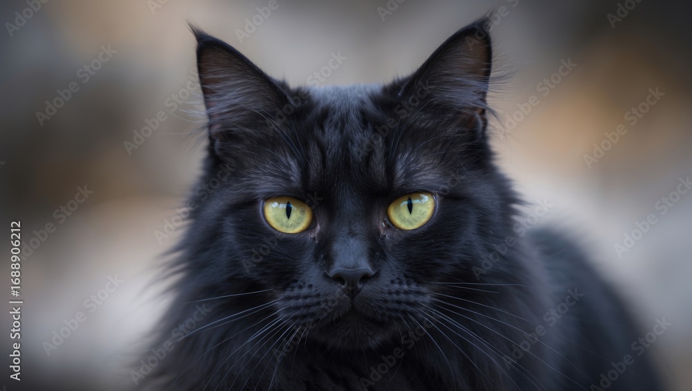 Fototapeta premium A close-up of a black cat with yellow eyes, showing sharp features and focused gaze.