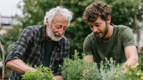 Wallpaper Mural Two Men Gardening Together In Lush Outdoor Setting. Bonding Through Shared Horticultural Activity Torontodigital.ca