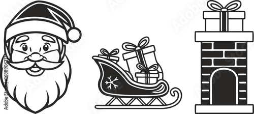 Christmas Vector Icon Set – Santa Claus, Sleigh, Gifts, Boots, and Chimney