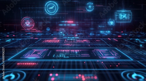 Wallpaper Mural Futuristic digital interface with glowing circuit board and system icons. Torontodigital.ca