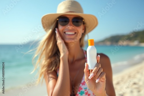 A lifestyle photo of model applying sunscreen on beach, clear sky and ocean in background, branding-focused style
