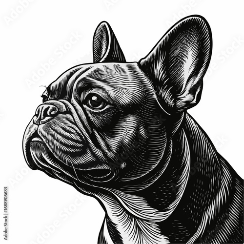 Detailed monochrome illustration of a french bulldog head in a side profile with intricate line work