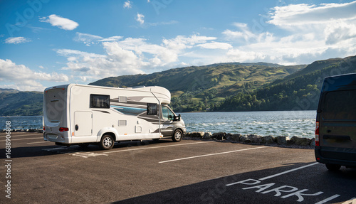 Motorhome parked by scenic lake in Scottish Highlands on a sunny summer day with mountains in the background