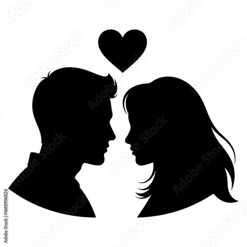 Vector illustration of a couple in love, a man and woman in silhouette profile with a heart symbolizing romance