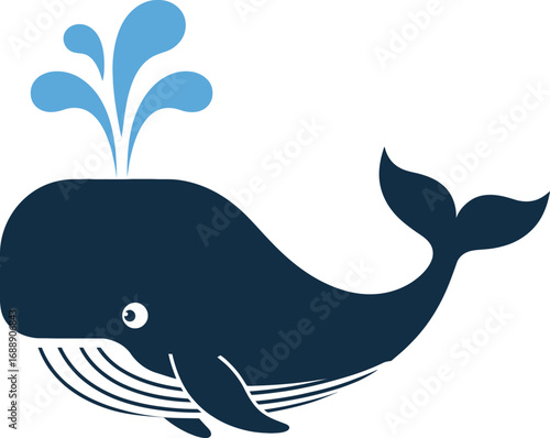Whale Icon Vector, Cute Blue Whale Illustration with Water Splash, Marine Animal, Ocean Wildlife, Sea Mammal, Cartoon Whale, Nautical Symbol, Aquatic Creature, Underwater Life, Marine Biology, Ocean