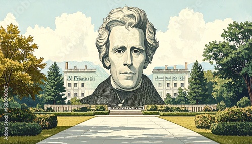 Portrait of a historical figure in a landscaped setting