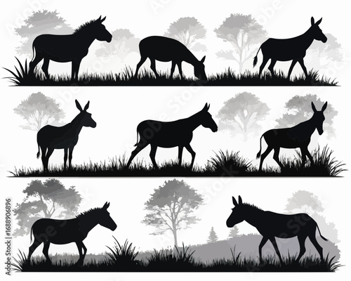 Silhouette illustration of nine donkeys in various poses against a grayscale landscape background scene