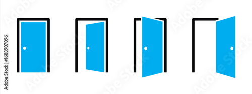 Door icons set. Open, close and ajar door. Doors collection. Opened entrance door set flat style - stock vector