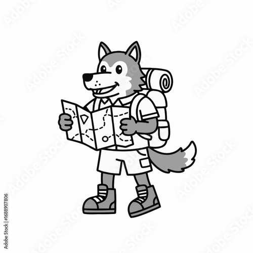 Smiling cartoon wolf adventurer with backpack studies map for exciting journey