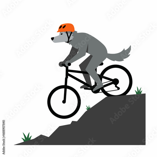 Wolf cyclist wearing helmet rides downhill on mountain bike with determination