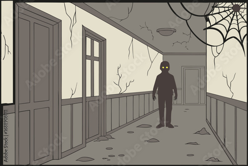 GOST. Foggy horror midnight view, blank spooky scary dark grey black gradient color Halloween theme background with one abstract ghost. Horror theme.