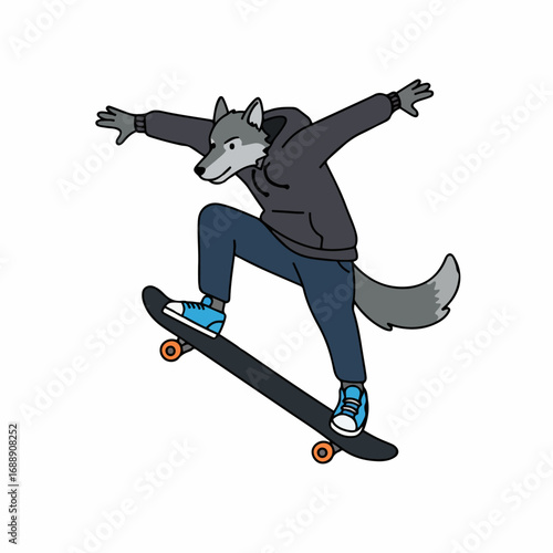 Cool wolf character in hoodie rides skateboard with dynamic action pose