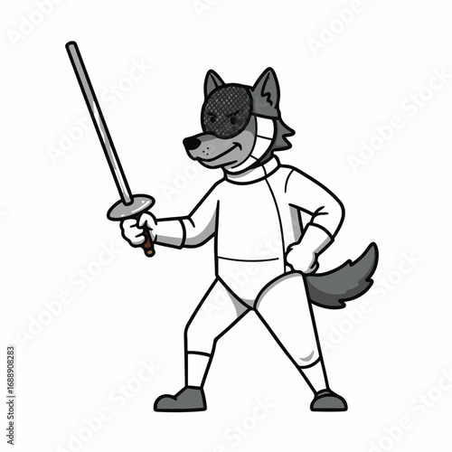 Fierce wolf fencer ready for action with sword in competitive stance