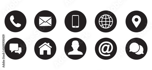 Minimal contact icons set, telephone, email, gps, account, web, home, smartphone – flat black and white vector