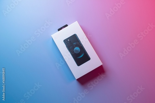 Product shot of tech gadget packaging laid out on gradient surface, top-down composition and bold branding