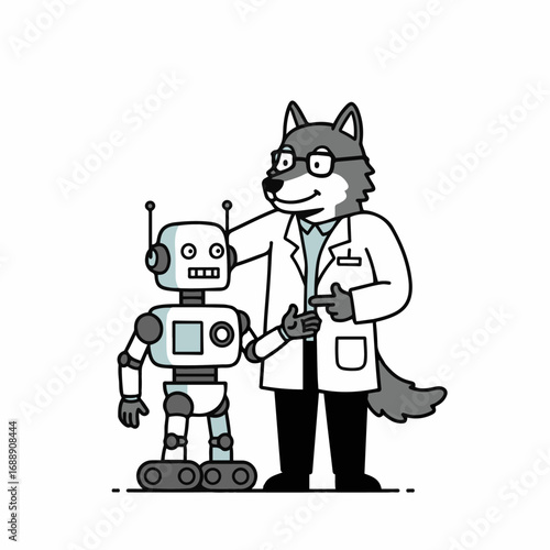 Clever scientist wolf explains new robot invention with pride and excitement