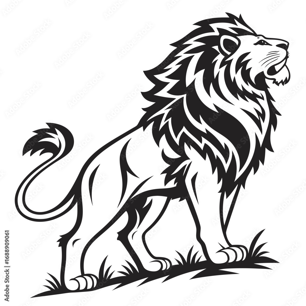 Fototapeta premium Stylized black and white lion standing proudly on grass