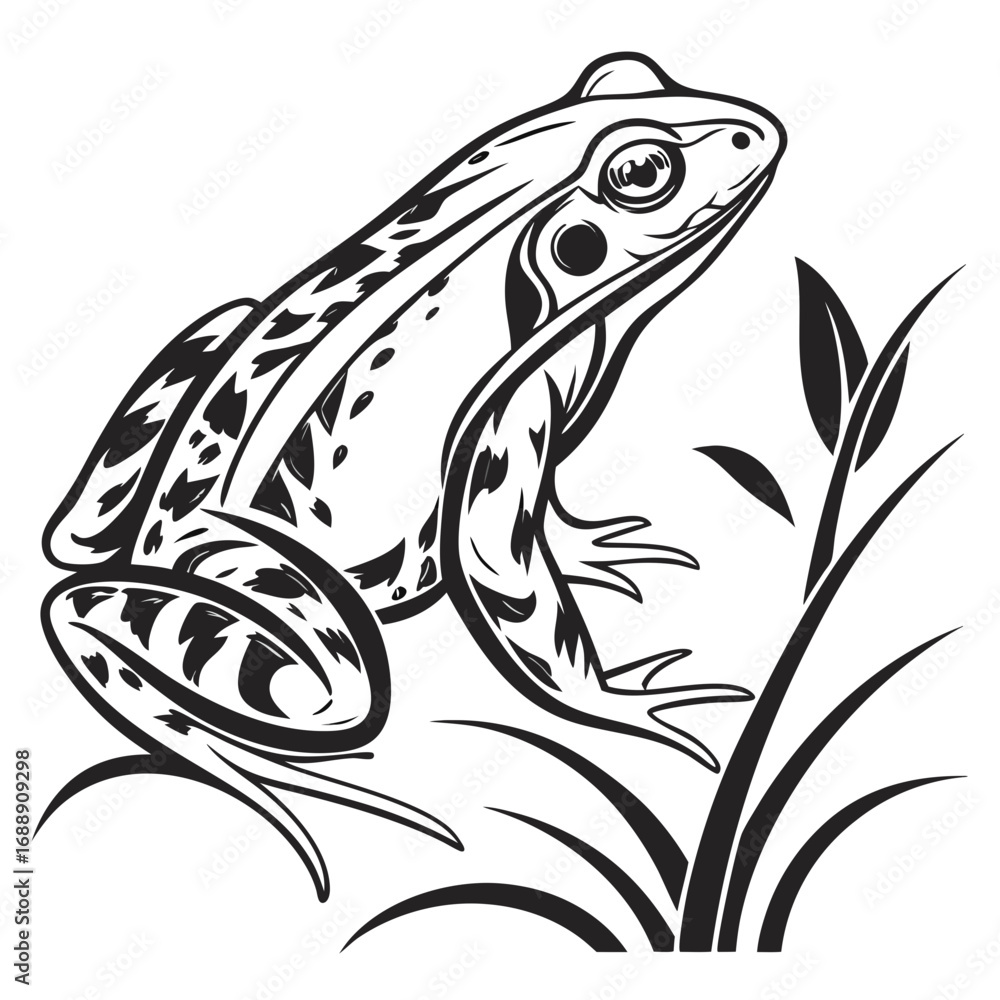 Obraz premium Stylized black and white frog sitting in tall grass