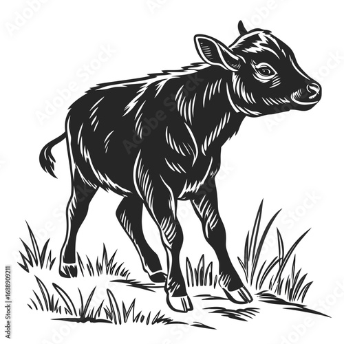 Black and white illustration of a young calf walking in grass