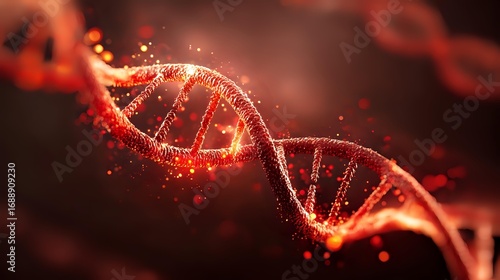Abstract DNA helix in vibrant red tones surrounded by glowing particles, representing genetic awareness for Duchenne muscular dystrophy