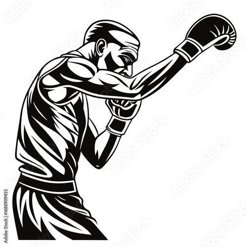 Black and white illustration of a boxer throwing a punch