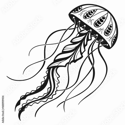 Stylized black and white jellyfish illustration with flowing tentacles