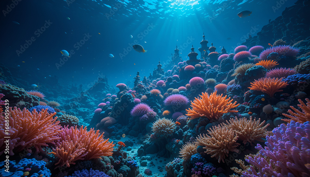 Fototapeta premium Vibrant Coral Reef with Exotic Marine Life in Blue Ocean