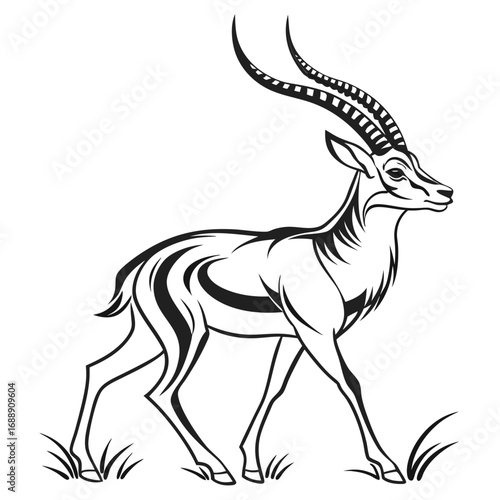 Stylized gazelle silhouette walking in tall grass black and white