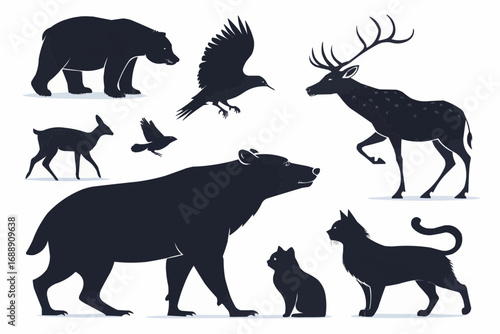 Silhouette illustration featuring a bear, deer, cat, and birds against a white background image view