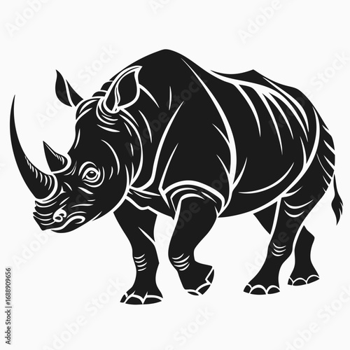 Stylized black and white illustration of a rhinoceros