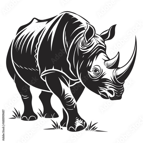 Black and white illustration of a rhinoceros walking in grass