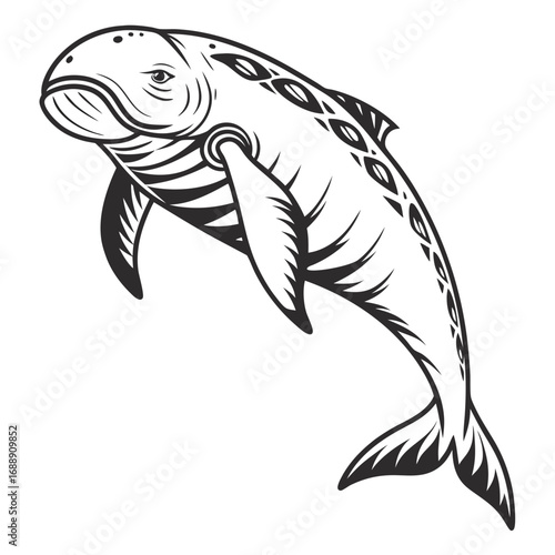 Stylized black and white whale illustration with tribal markings