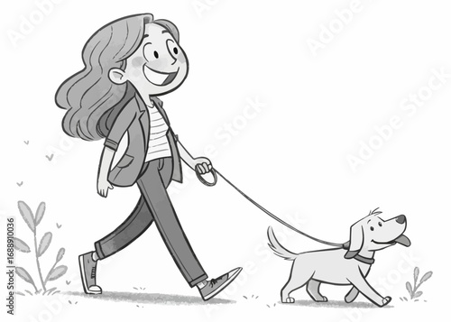 Illustration of a woman walking a dog on a leash in a park with plants and grass in black and white style