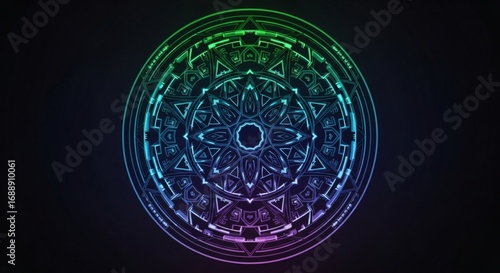 Luminous rainbow colored geometric pattern forming a sacred mandala, a complex spiritual symbol of the universe and cosmic energy