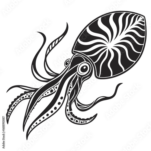Stylized black and white illustration of a squid with tribal patterns