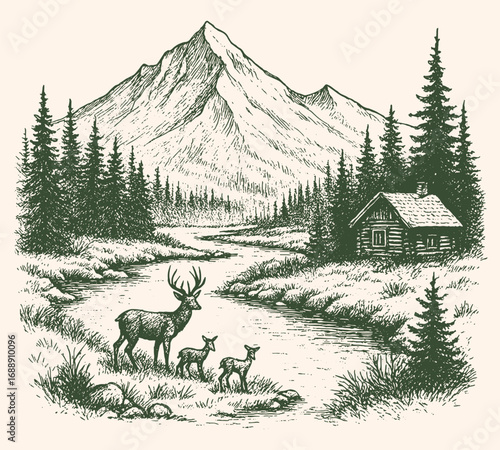 Vintage landscape engraving of deer near cabin in pine forest with mountain backdrop, detailed retro sketch for travel and adventure.
