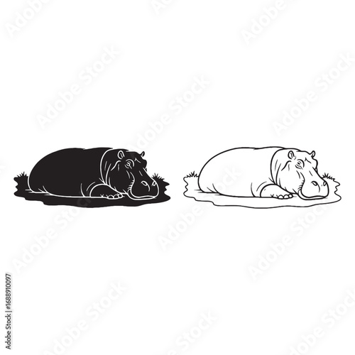 Iconic Hippo Silhouette & Hippo Lineart – Vector Outline Displaying Recognizable Form – Black Vector of Hippo – Vector Set of Hippo