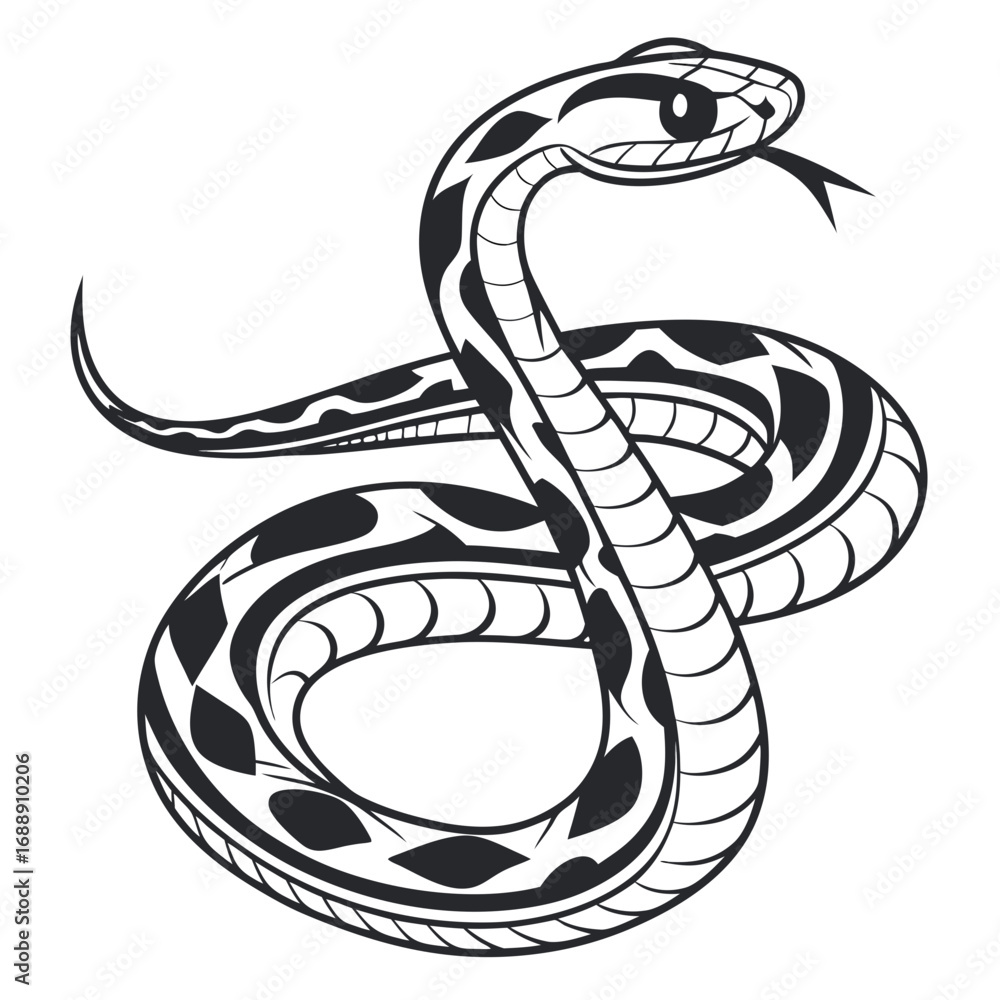 Fototapeta premium Stylized black and white snake illustration with tribal patterns
