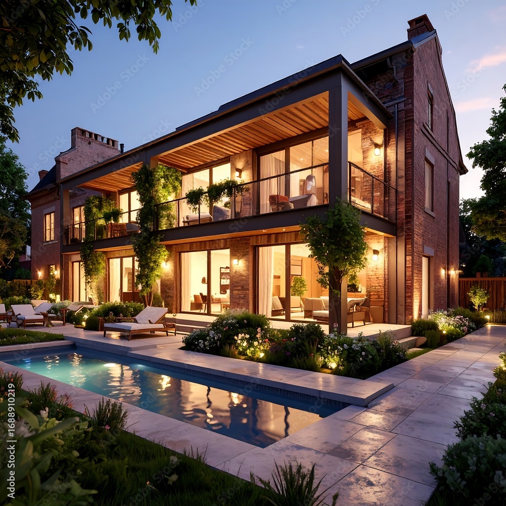 Obraz premium Luxury home with pool at dusk
