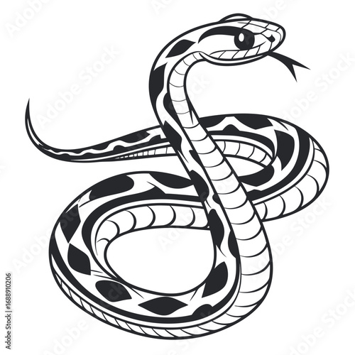 Stylized black and white snake illustration with tribal patterns