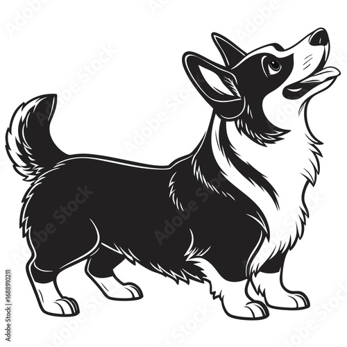 Black and white illustration of a happy corgi dog