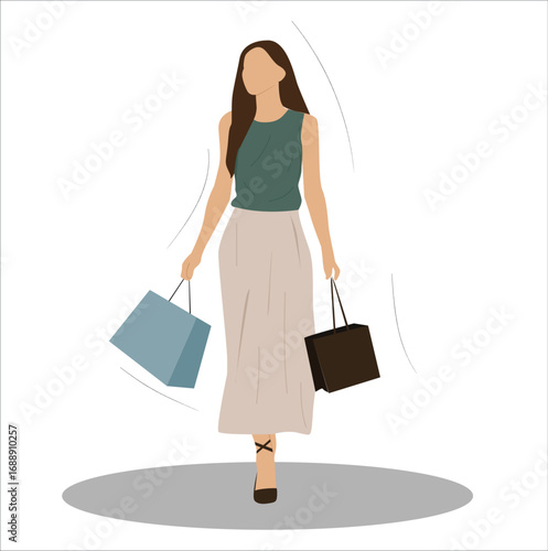 woman carrying shopping bag. Woman walking with many shopping bags. 