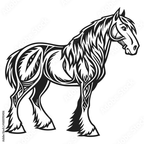 Stylized black and white illustration of a shire horse