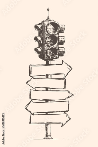 Engraving sketch of traffic light combined with multiple road signs on pole, retro illustration symbolizing navigation, journey, and travel.