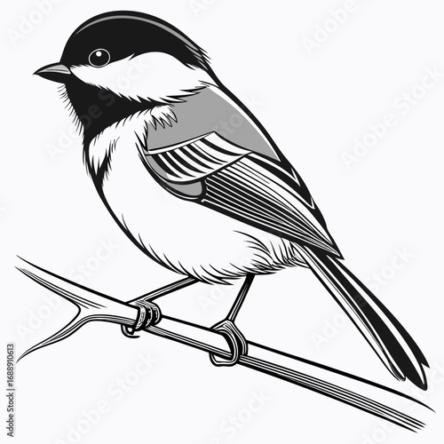 Black and white illustration of a chickadee bird perched on a branch