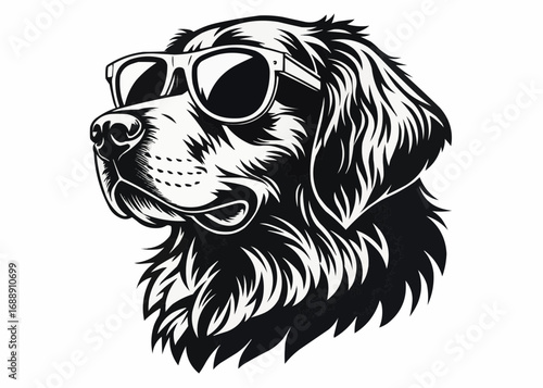 Illustration of a cool dog wearing sunglasses in black and white with detailed fur texture and line art