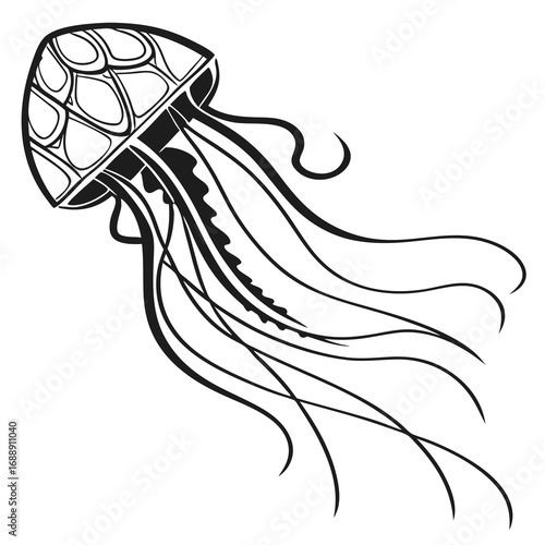 Stylized black and white jellyfish illustration with flowing tentacles