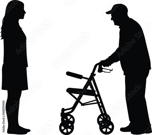 Silhouette of elderly man using walker and young woman standing, symbolizing healthcare support, caregiving, aging assistance, and mobility aid.