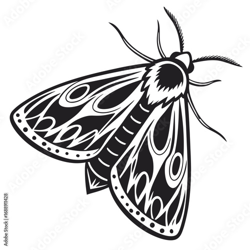Stylized black and white moth illustration with intricate wing patterns