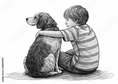 Illustration of a boy with striped shirt sitting next to a dog with his arm around the dog looking away